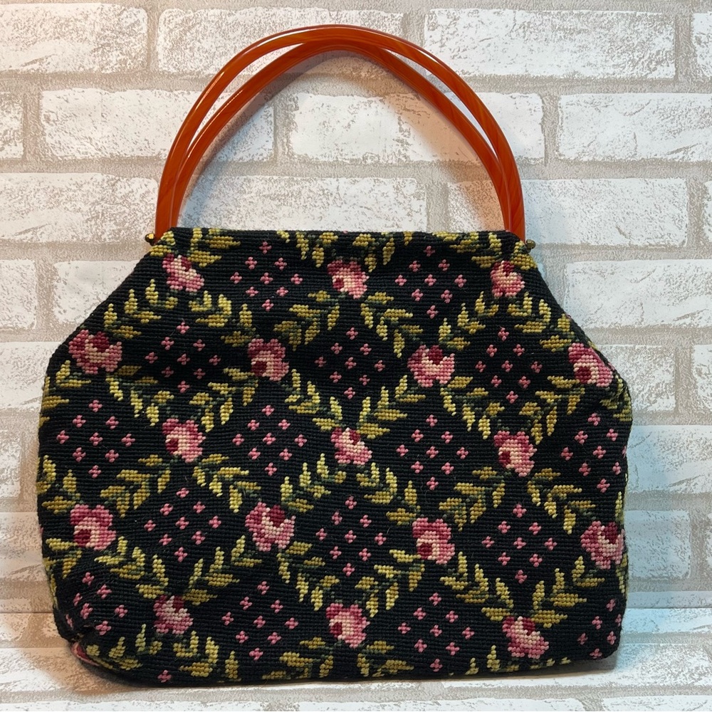 Vintage Black Pink Floral Tapestry Embroidered Bag Purse Lucite Handles - Picture 1 of 9
